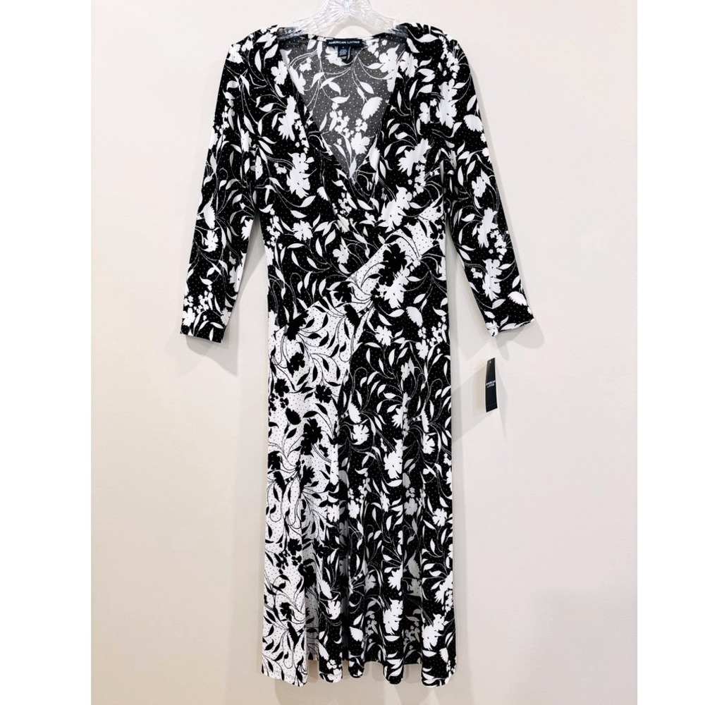 NEW Black White Floral Maxi Dress Size 8 Faux Wrap 3/4 Sleeve Stretch Classic